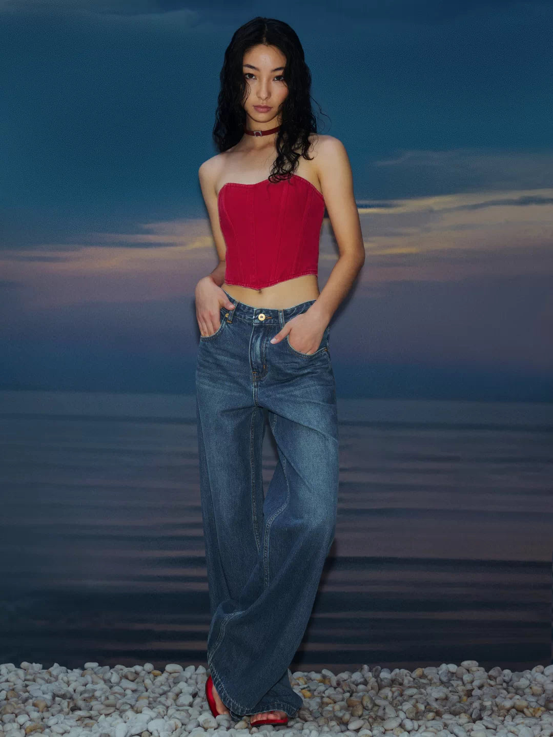 IFIKNOW Red Denim Boned Corset Top