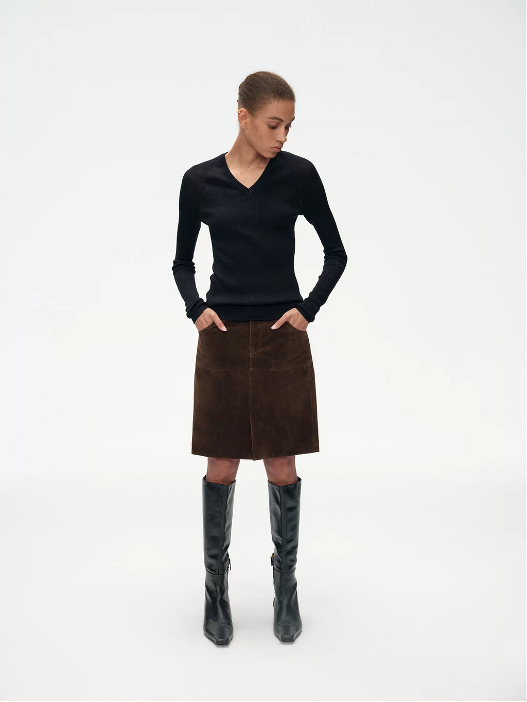 Khaki Suede Cargo Midi Skirt