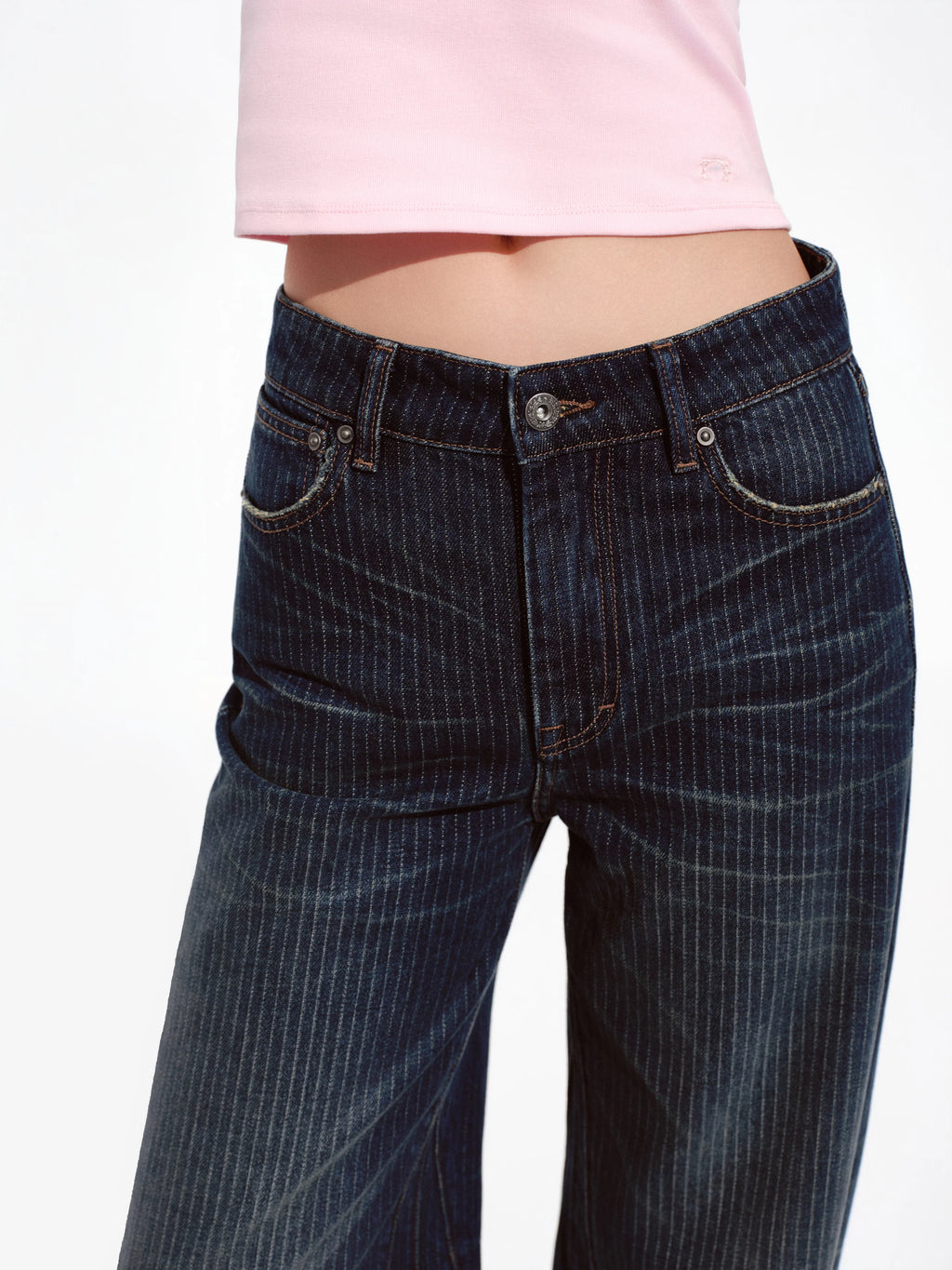 Pinstripe Whiskered Dark Blue Jeans