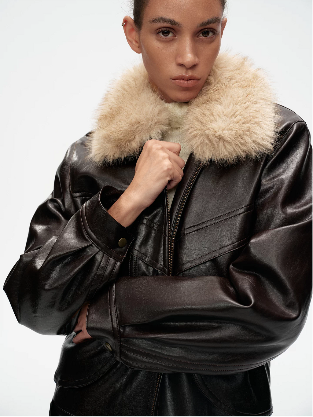 Detachable Fur Collar Leather Jacket