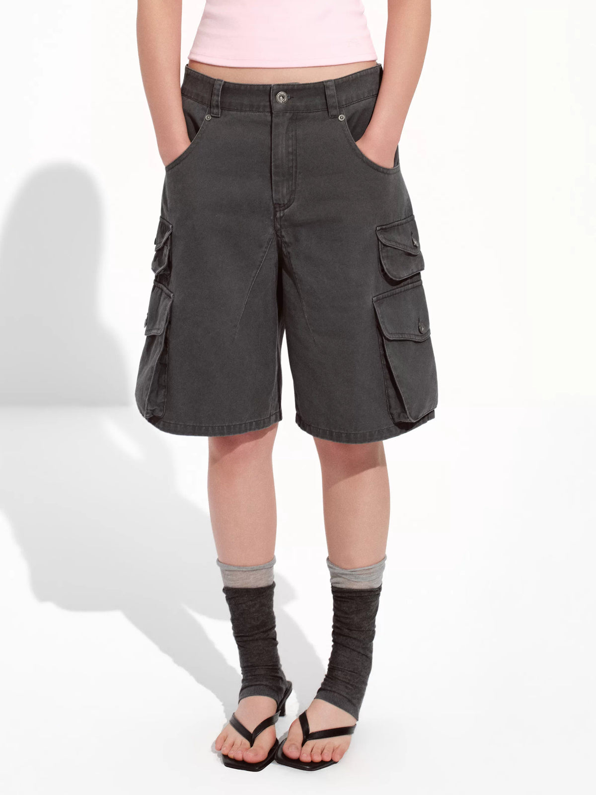 Enzyme-Washed Distressed Multi-Pocket Cargo Shorts