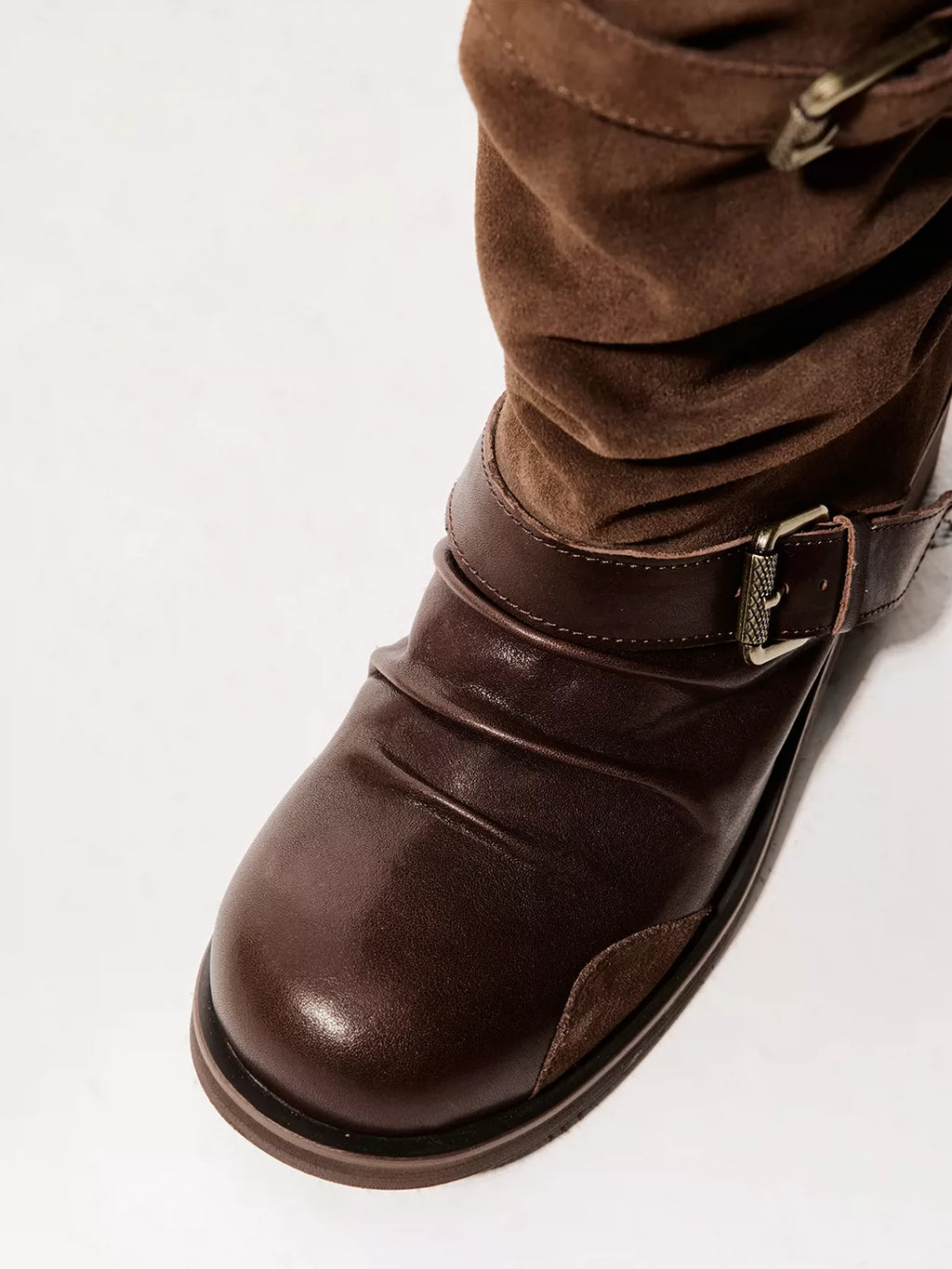 Double-Strap Suede & Waxed Leather Slouch Boots