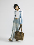 Rust Mixed-Media Appliqué Tote Bag