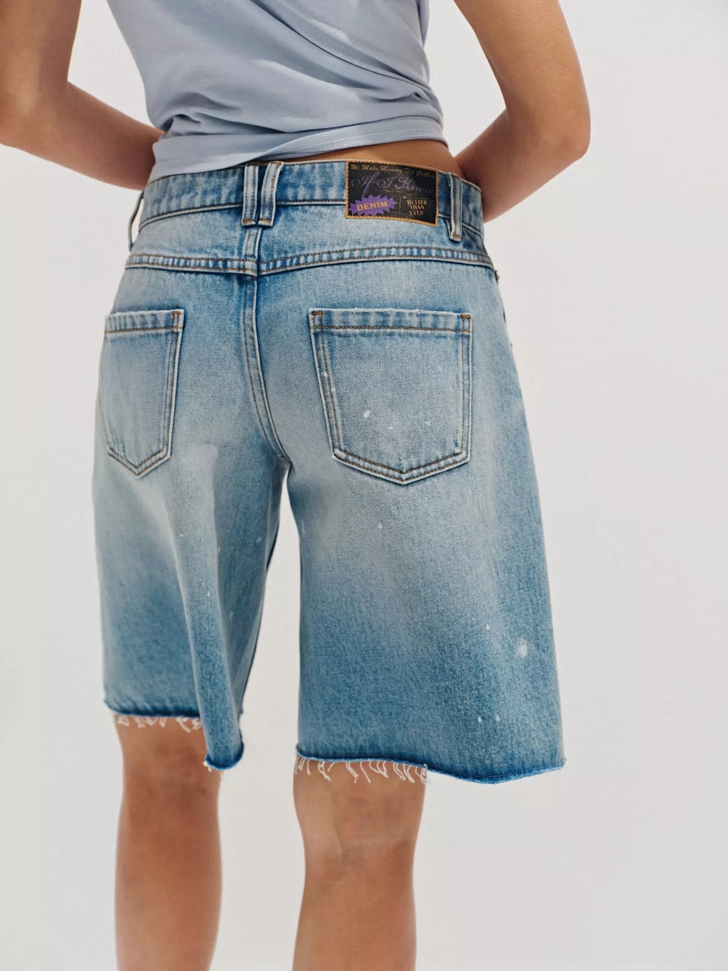Splatter-Paint Ice-Blue Low-Rise Baggy Denim Jorts