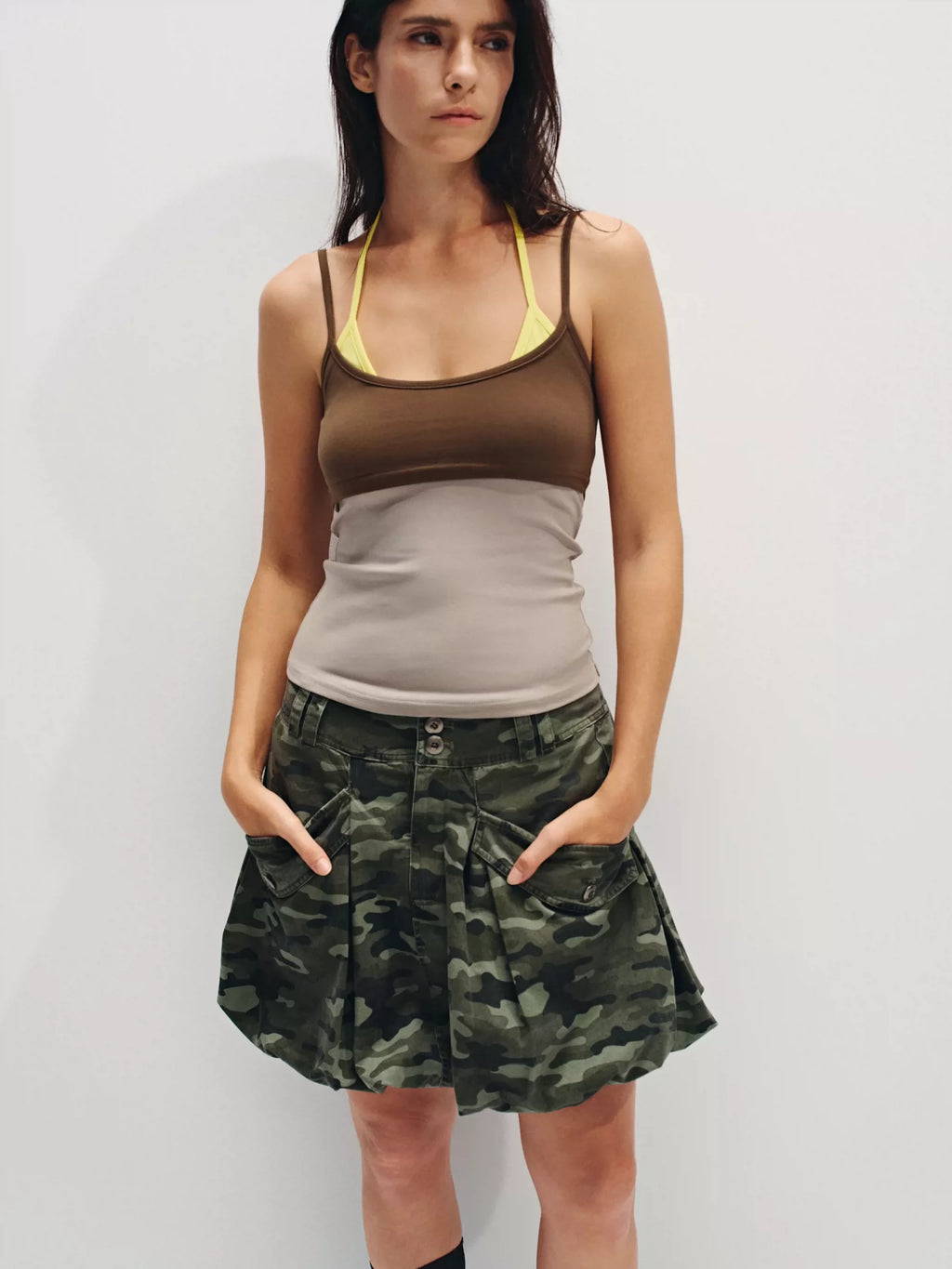 Distressed Camo Cargo Bubble Skirt