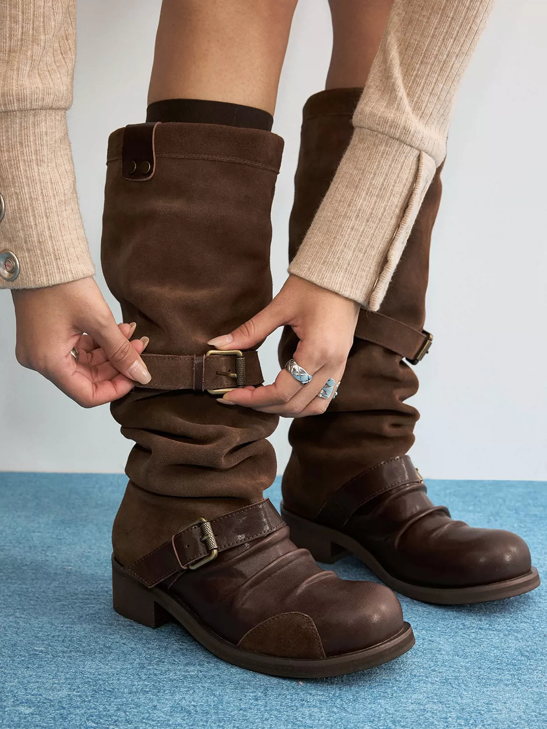 Double-Strap Suede & Waxed Leather Slouch Boots