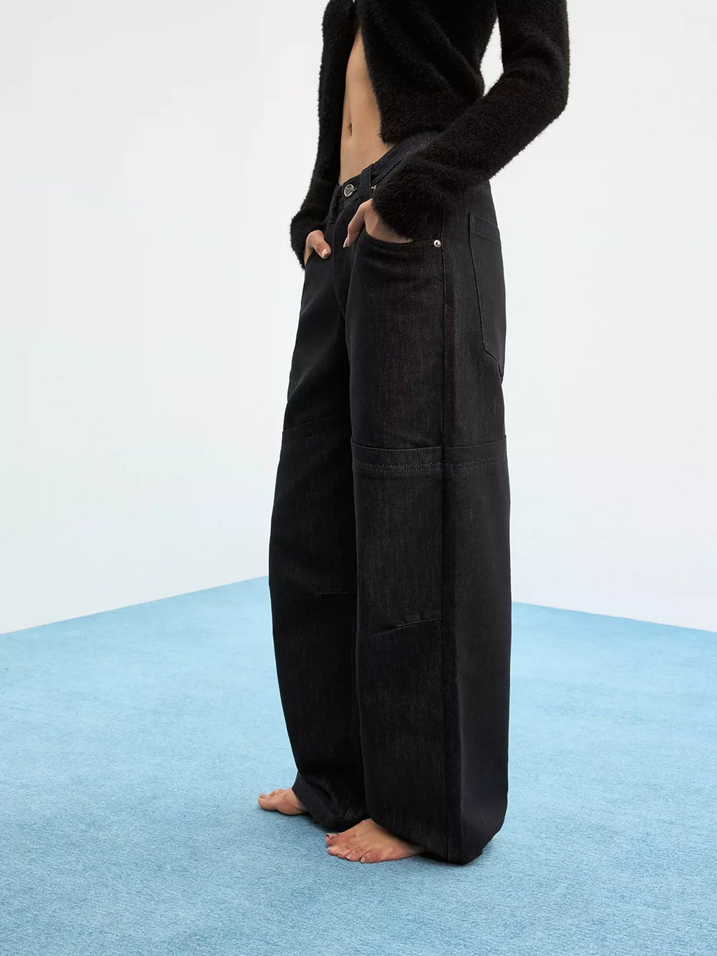 Paneled Blue-Black Raw Denim Relaxed Jeans
