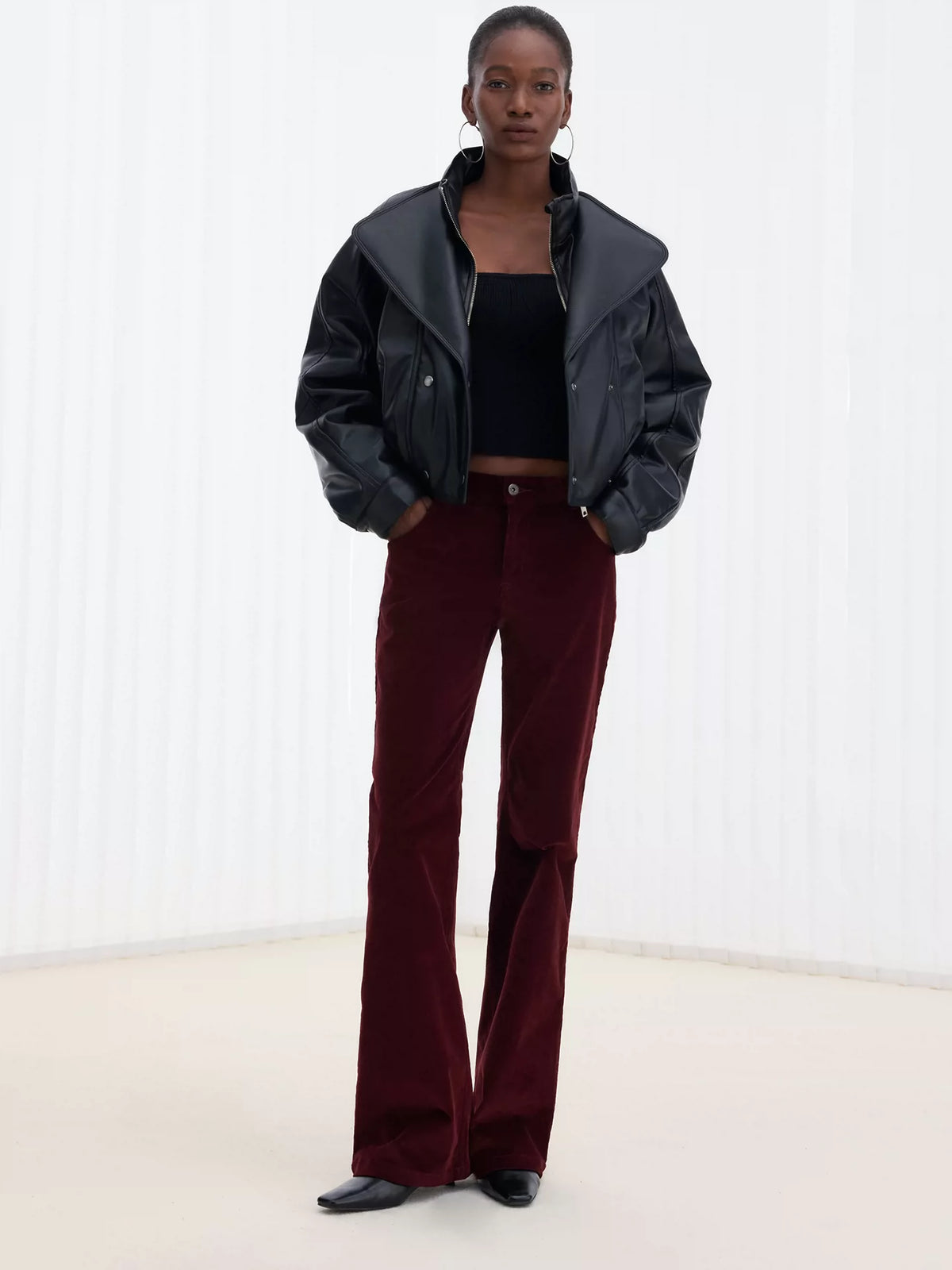 Leather-Paneled Stretch Corduroy Red Trousers