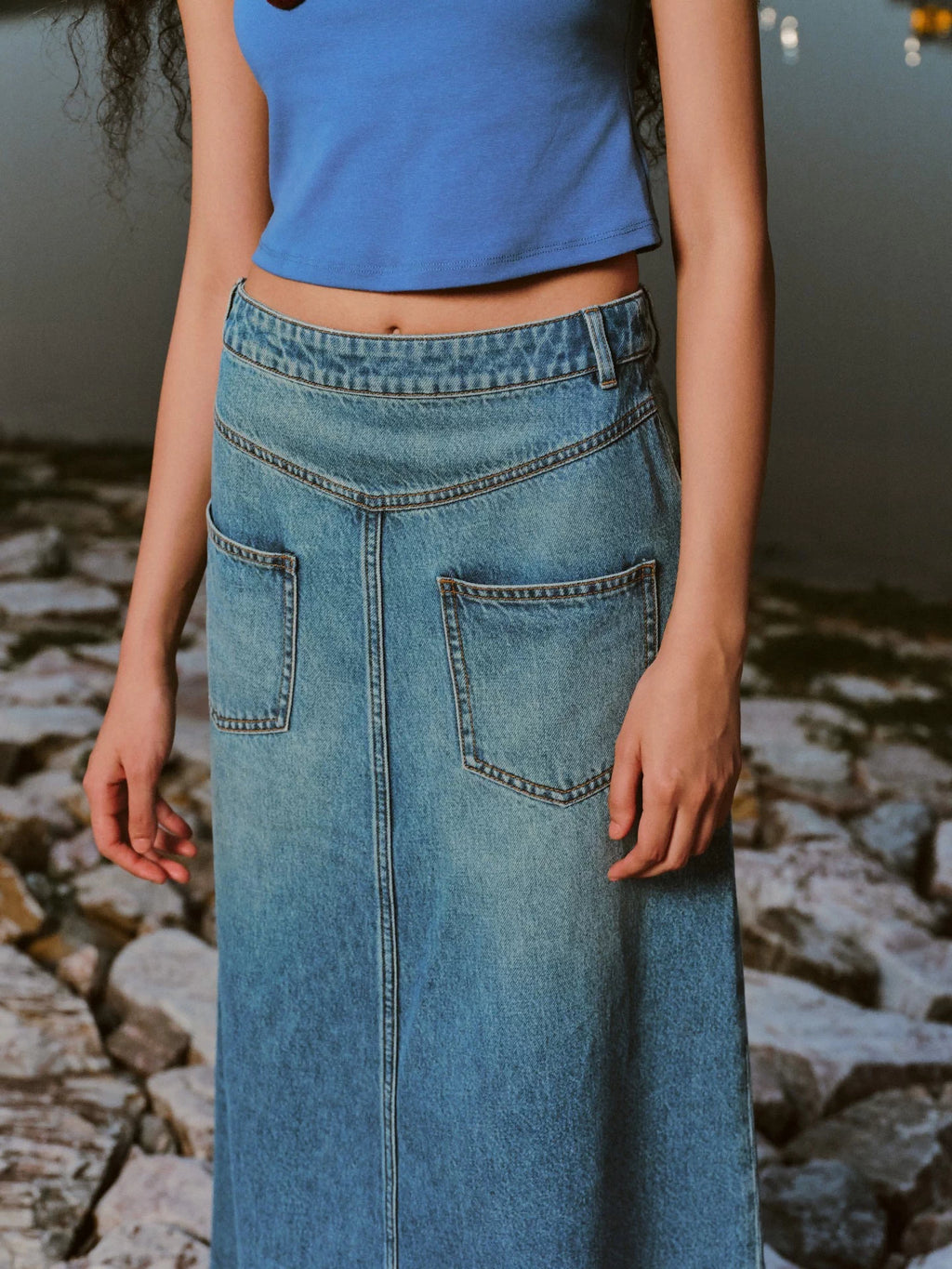Reversible Slit Washed Denim Maxi Skirt