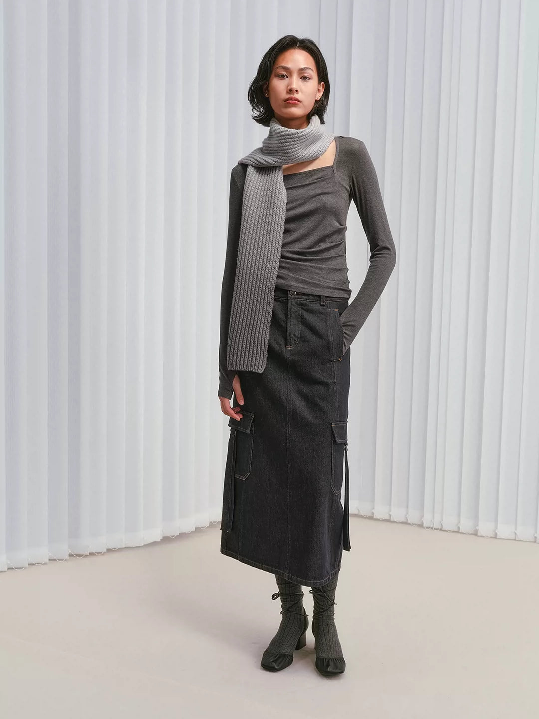 IFIKNOW Colorfast Raw Denim Cargo Maxi Skirt
