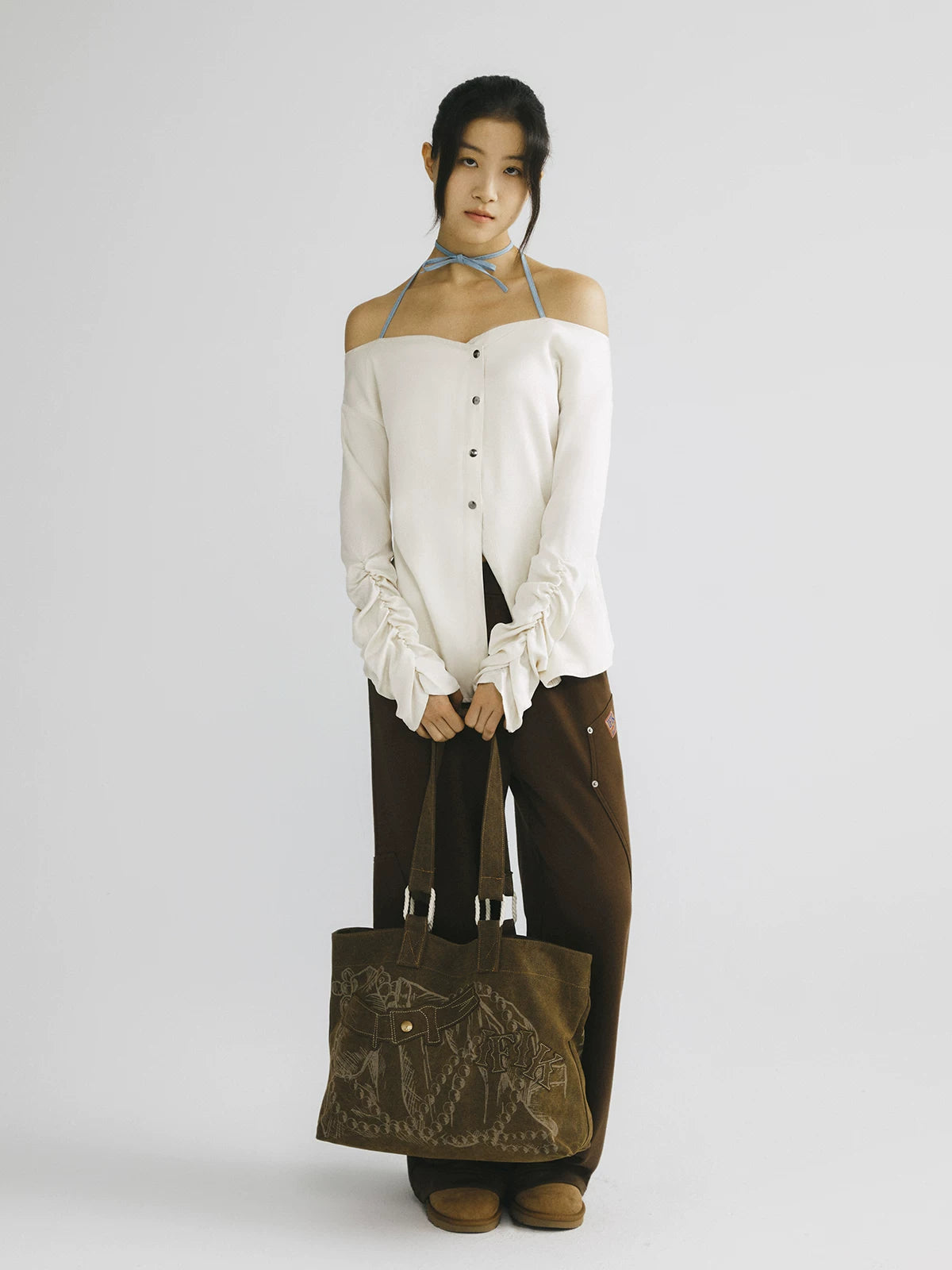 Rust Mixed-Media Appliqué Tote Bag