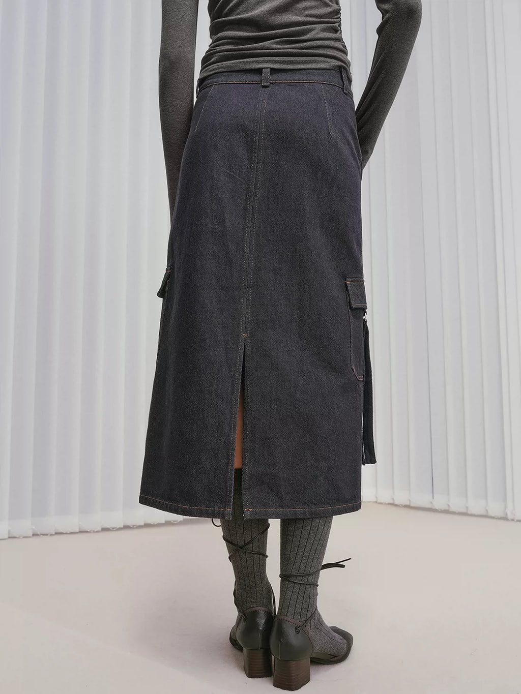 Colorfast Raw Denim Cargo Maxi Skirt
