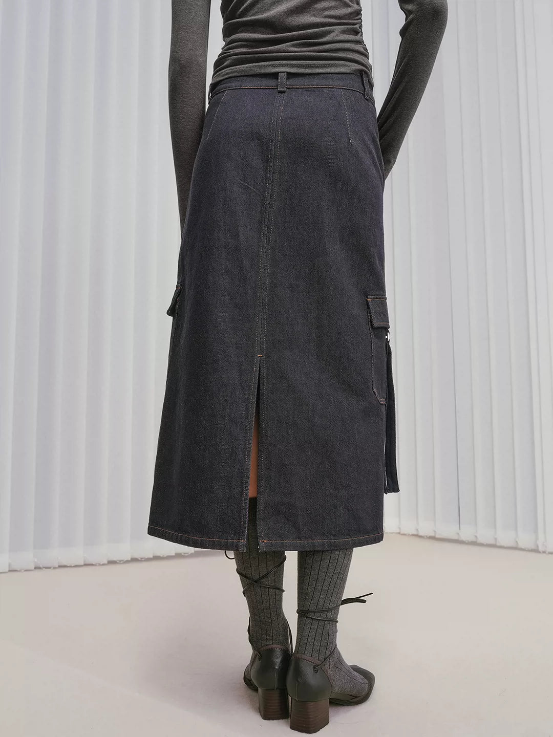 Colorfast Raw Denim Cargo Maxi Skirt