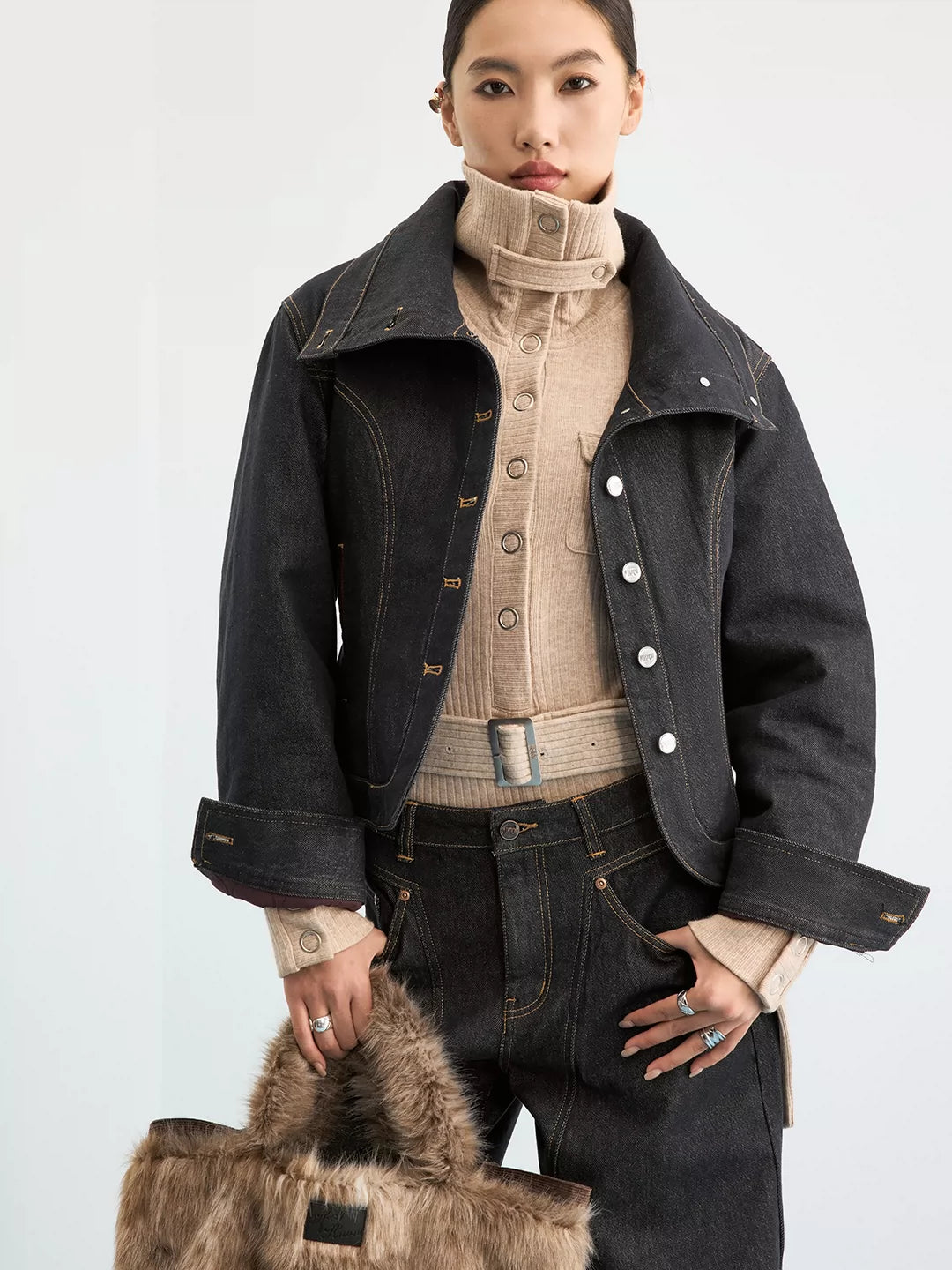 IFIKNOW Collared Raw Denim Padded Jacket