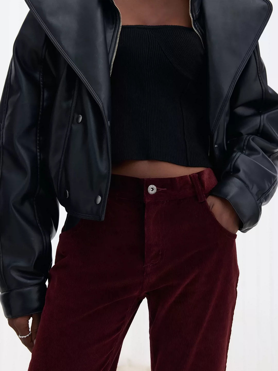 Leather-Paneled Stretch Corduroy Red Trousers