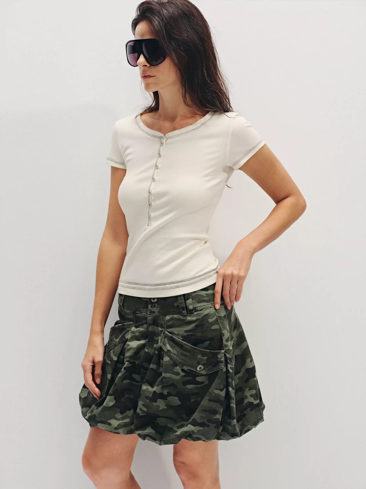 Distressed Camo Cargo Bubble Skirt