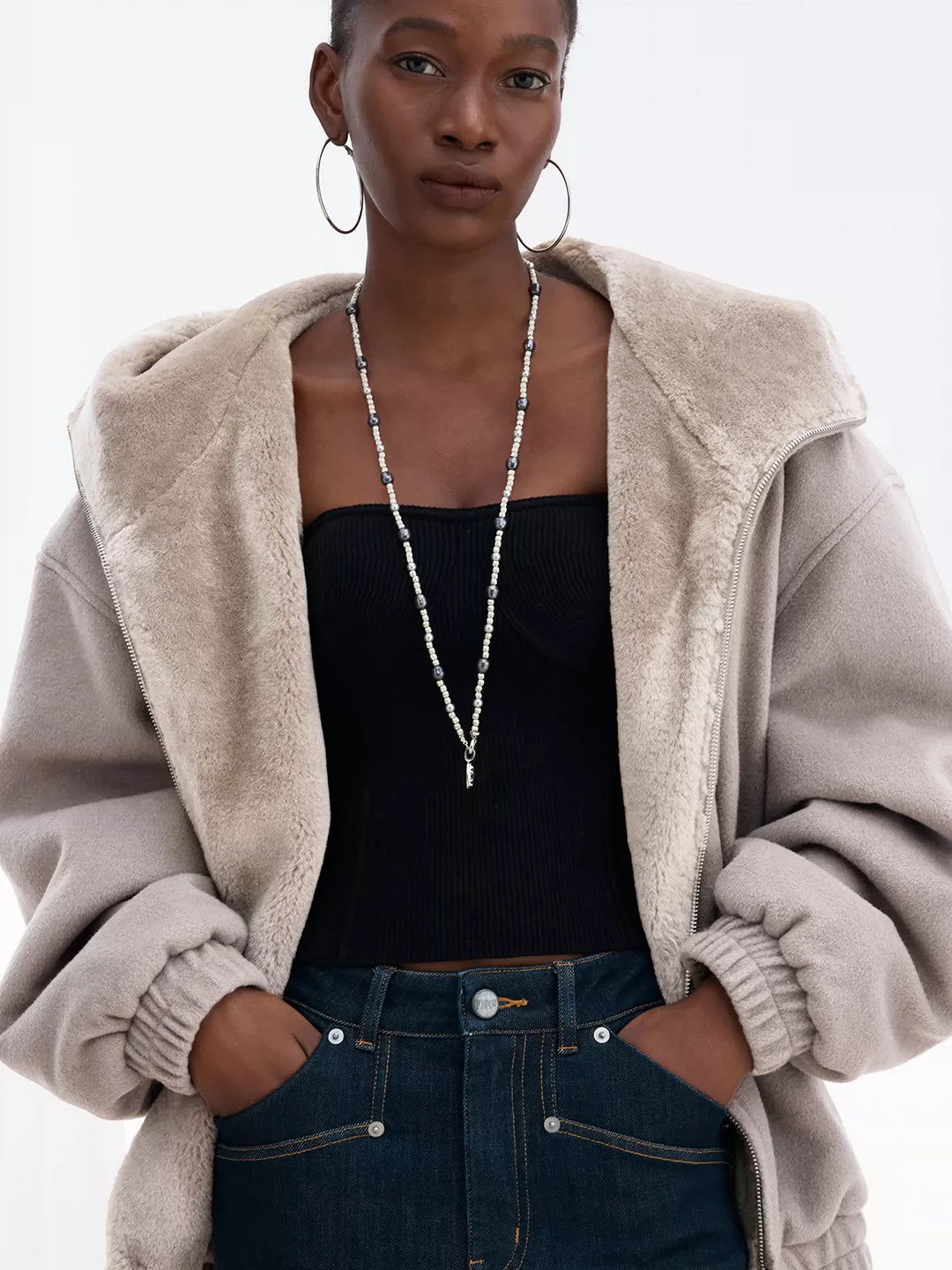Double-Faced Wool Paneled Fur Hooded Jacket