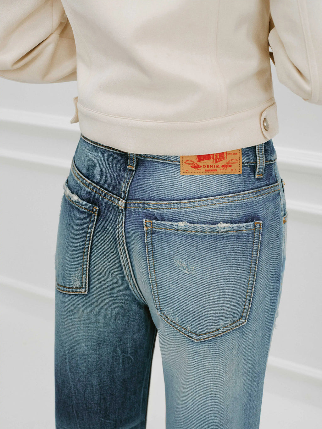 #1980 Spliced Distressed Straight Jeans