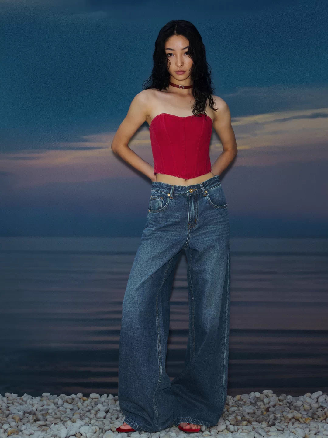 IFIKNOW Red Denim Boned Corset Top