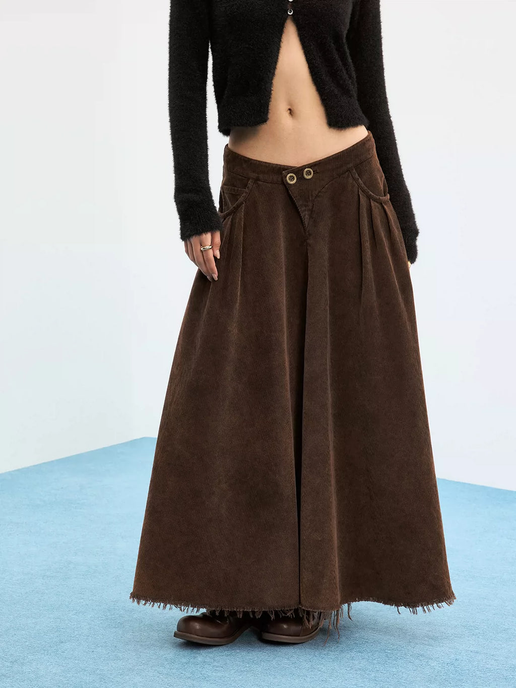 Heavy-Wash Corduroy V-Waist Maxi Skirt