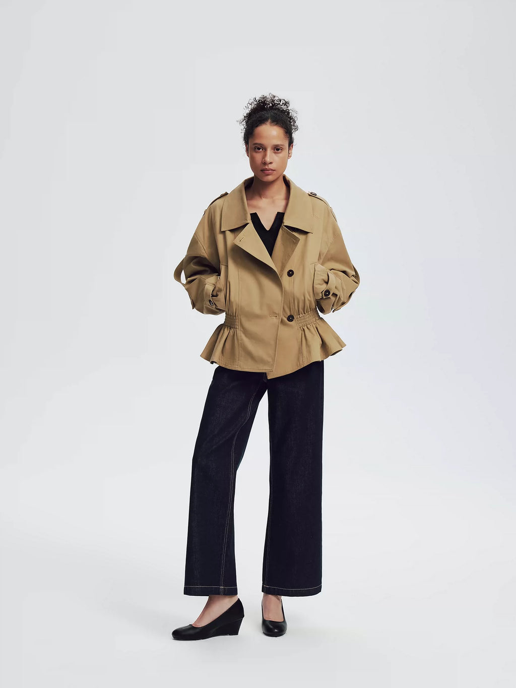 Khaki Ruffled Cropped Trench Coat