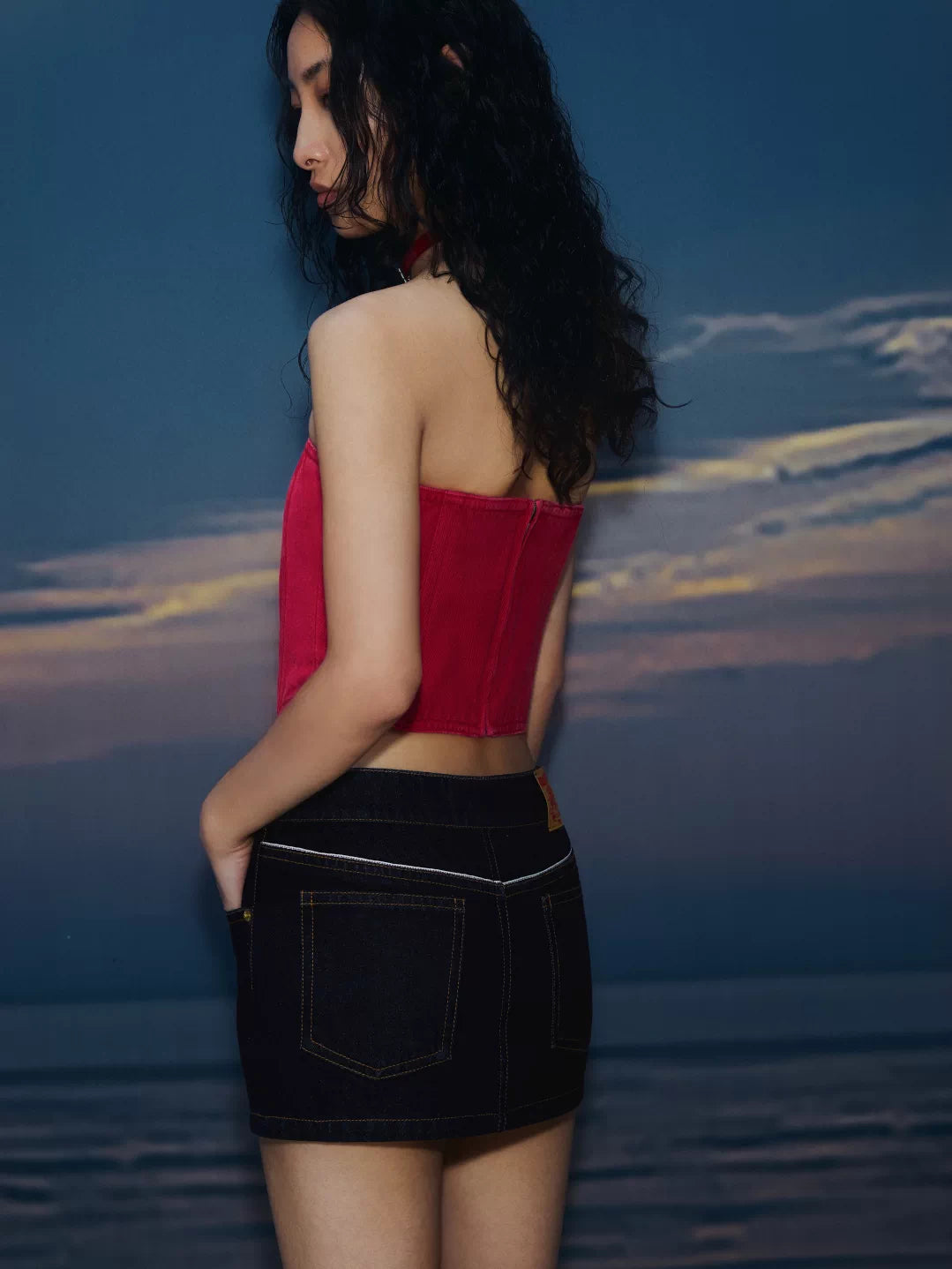 IFIKNOW Red Denim Boned Corset Top
