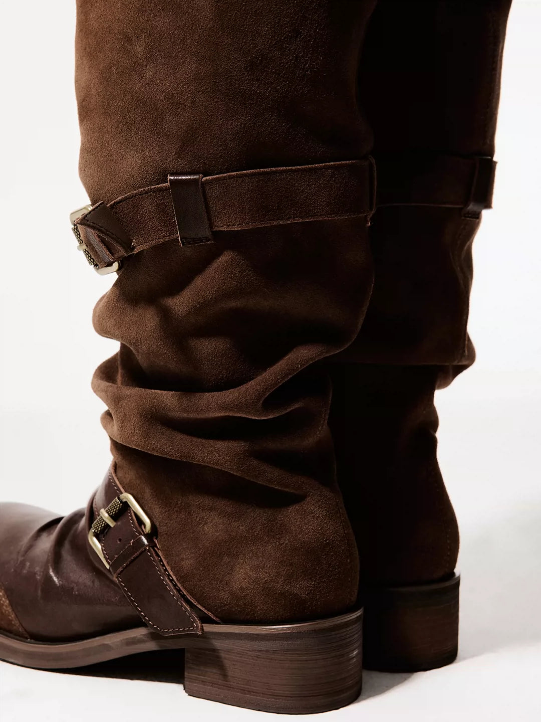 Double-Strap Suede & Waxed Leather Slouch Boots