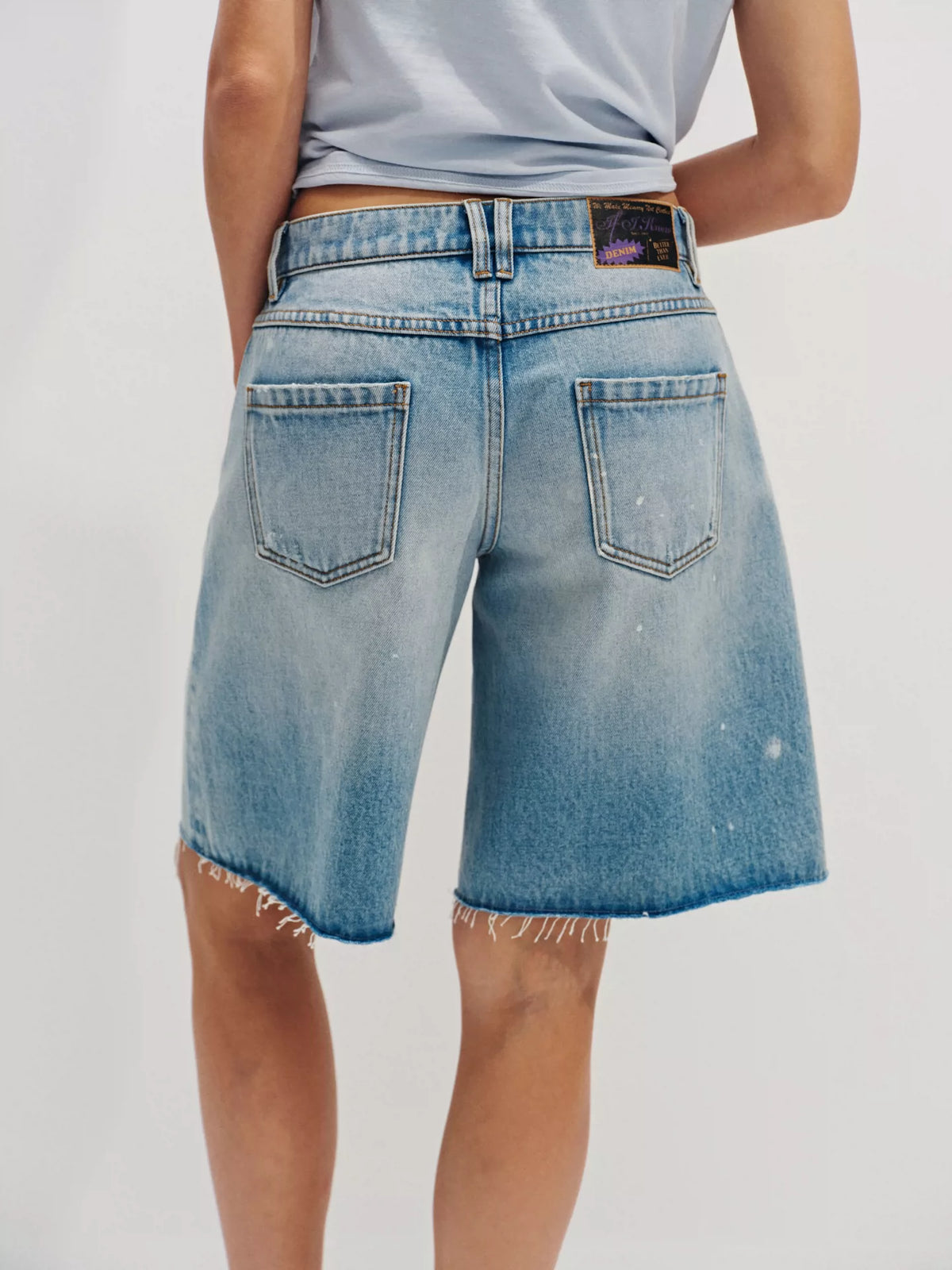 Splatter-Paint Ice-Blue Low-Rise Baggy Denim Jorts