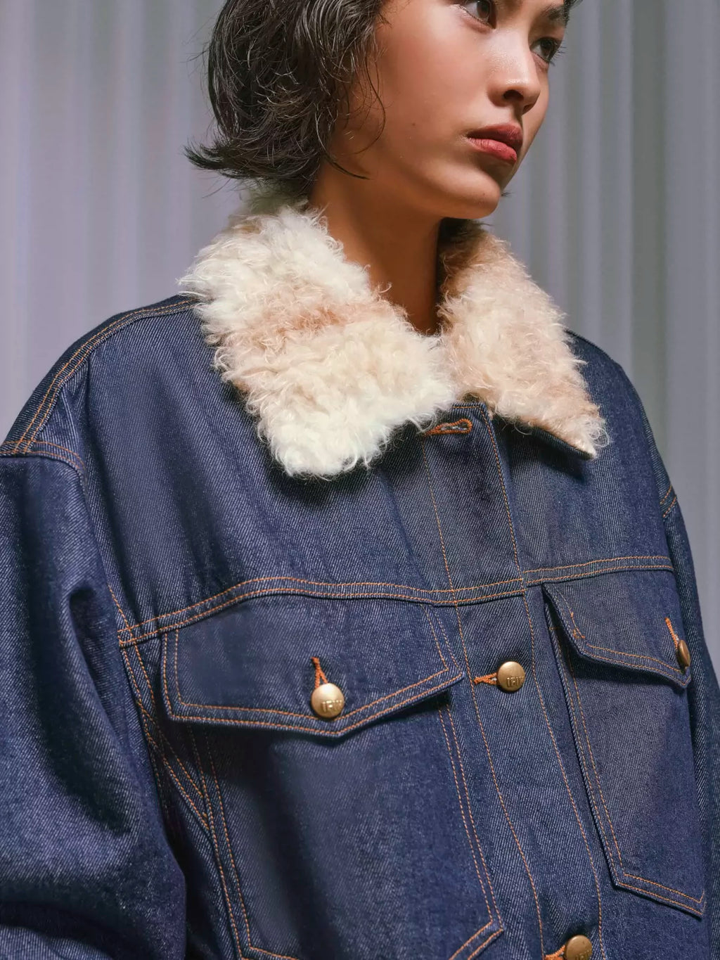 Shearling-Collar Padded Denim Jacket