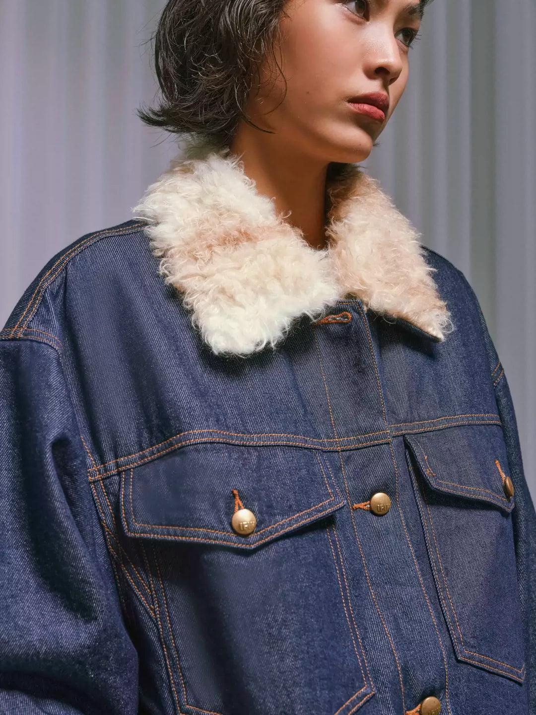 Shearling-Collar Padded Denim Jacket
