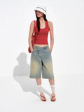 Asymmetric Waistband Mud-Wash Denim Jorts