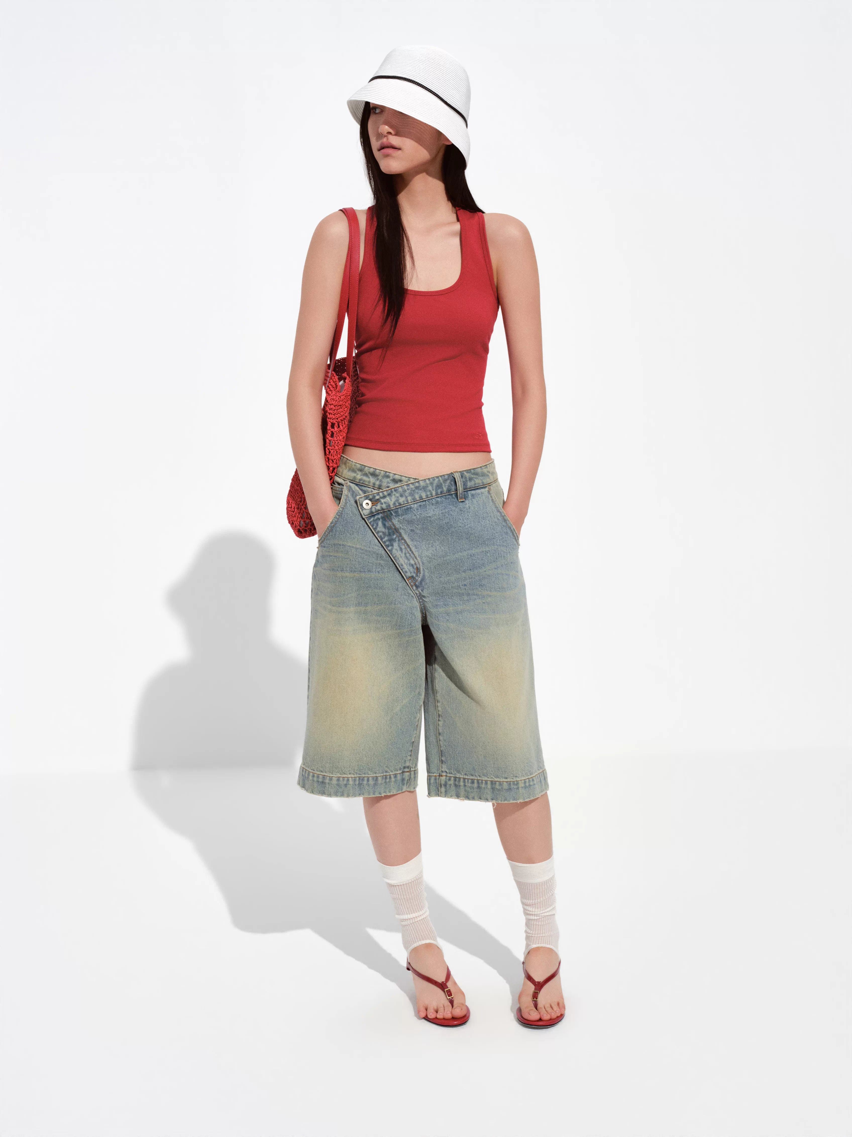 Asymmetric Waistband Mud-Wash Denim Jorts