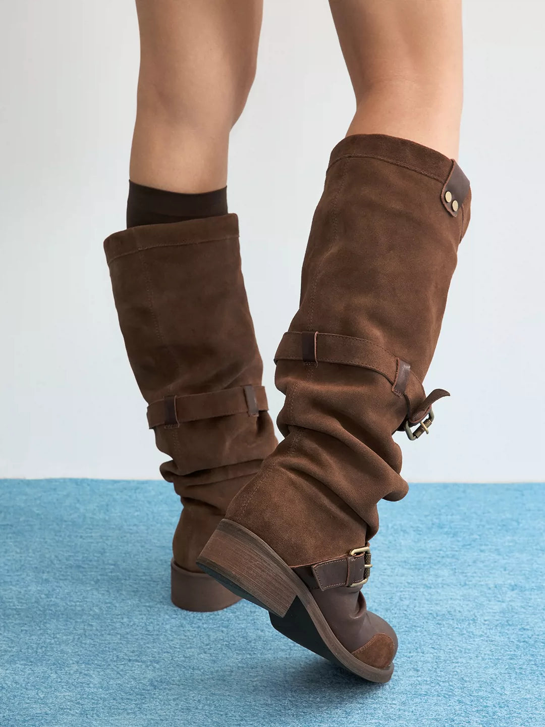Double-Strap Suede & Waxed Leather Slouch Boots
