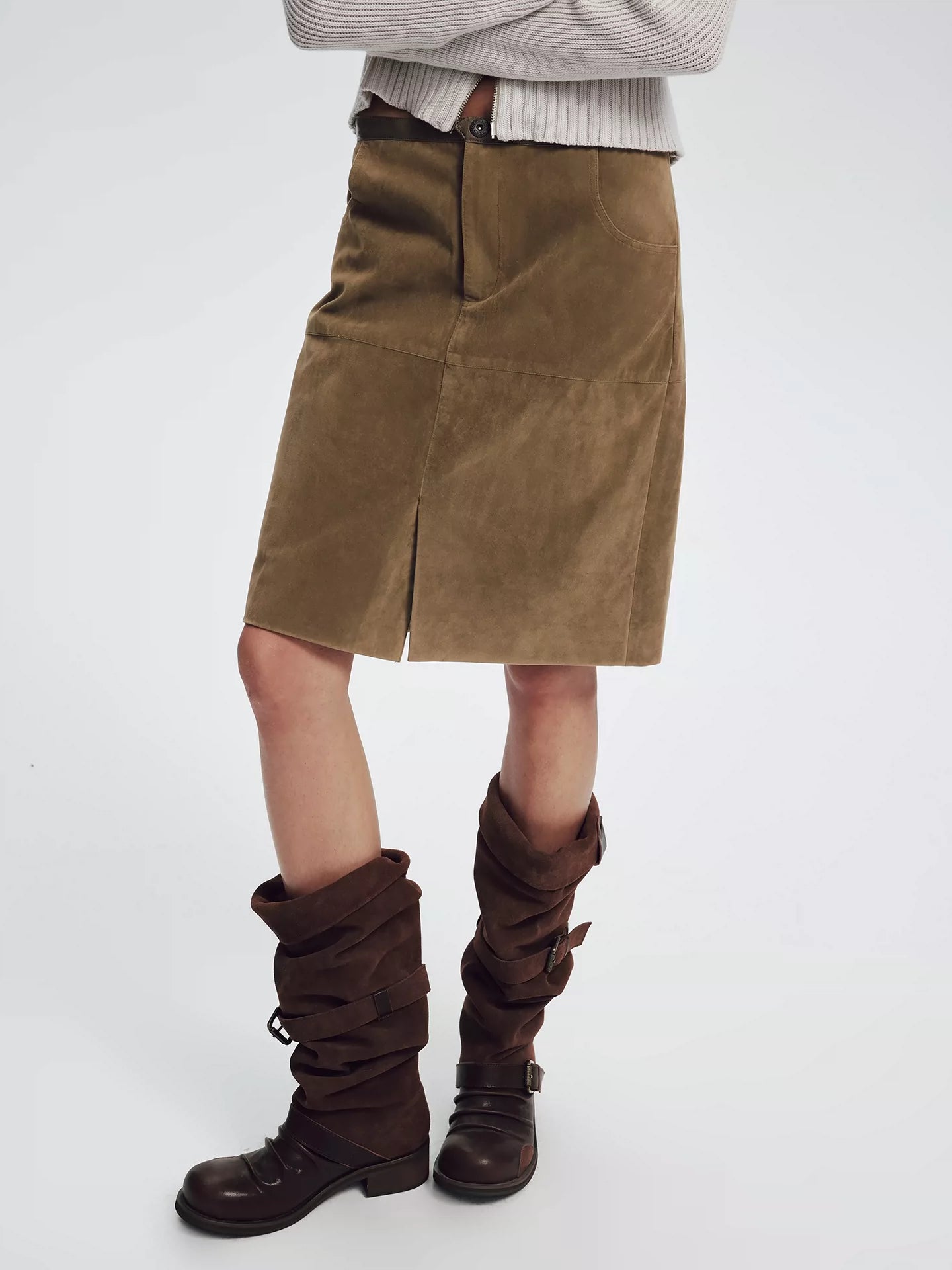 Khaki Suede Cargo Midi Skirt