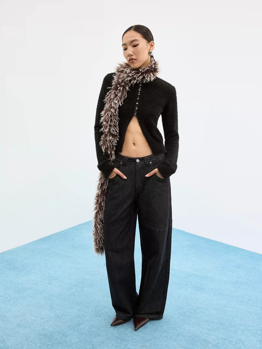 Paneled Blue-Black Raw Denim Relaxed Jeans
