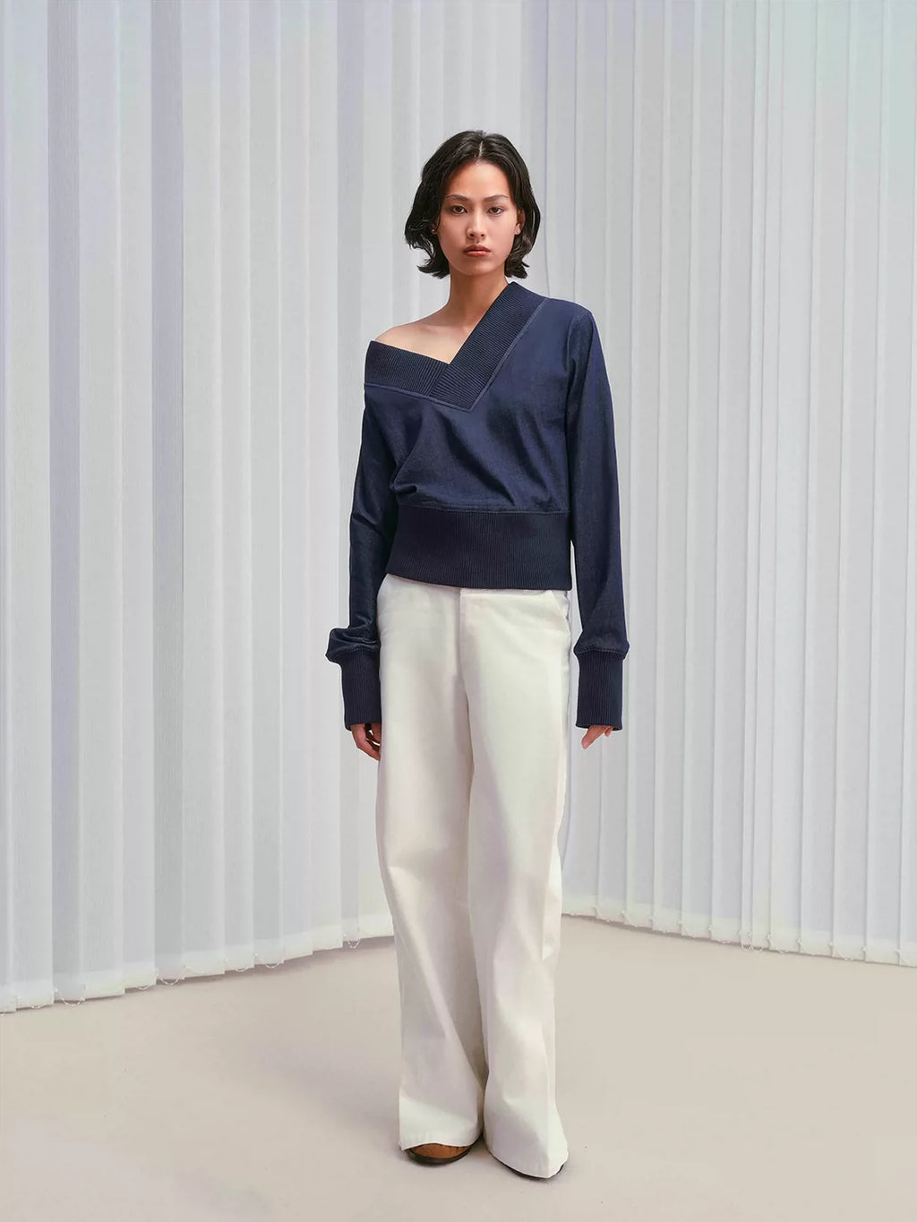 Colorfast Ribbed Asymmetric Tencel-Denim Top