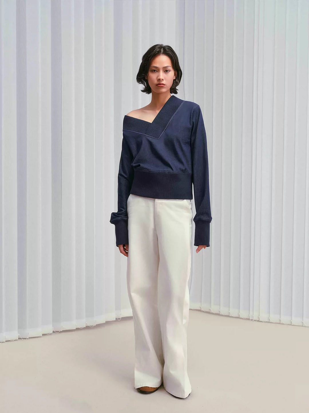 IFIKNOW Colorfast Ribbed Asymmetric Tencel-Denim Top