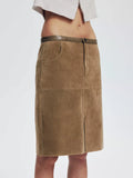 Khaki Suede Cargo Midi Skirt