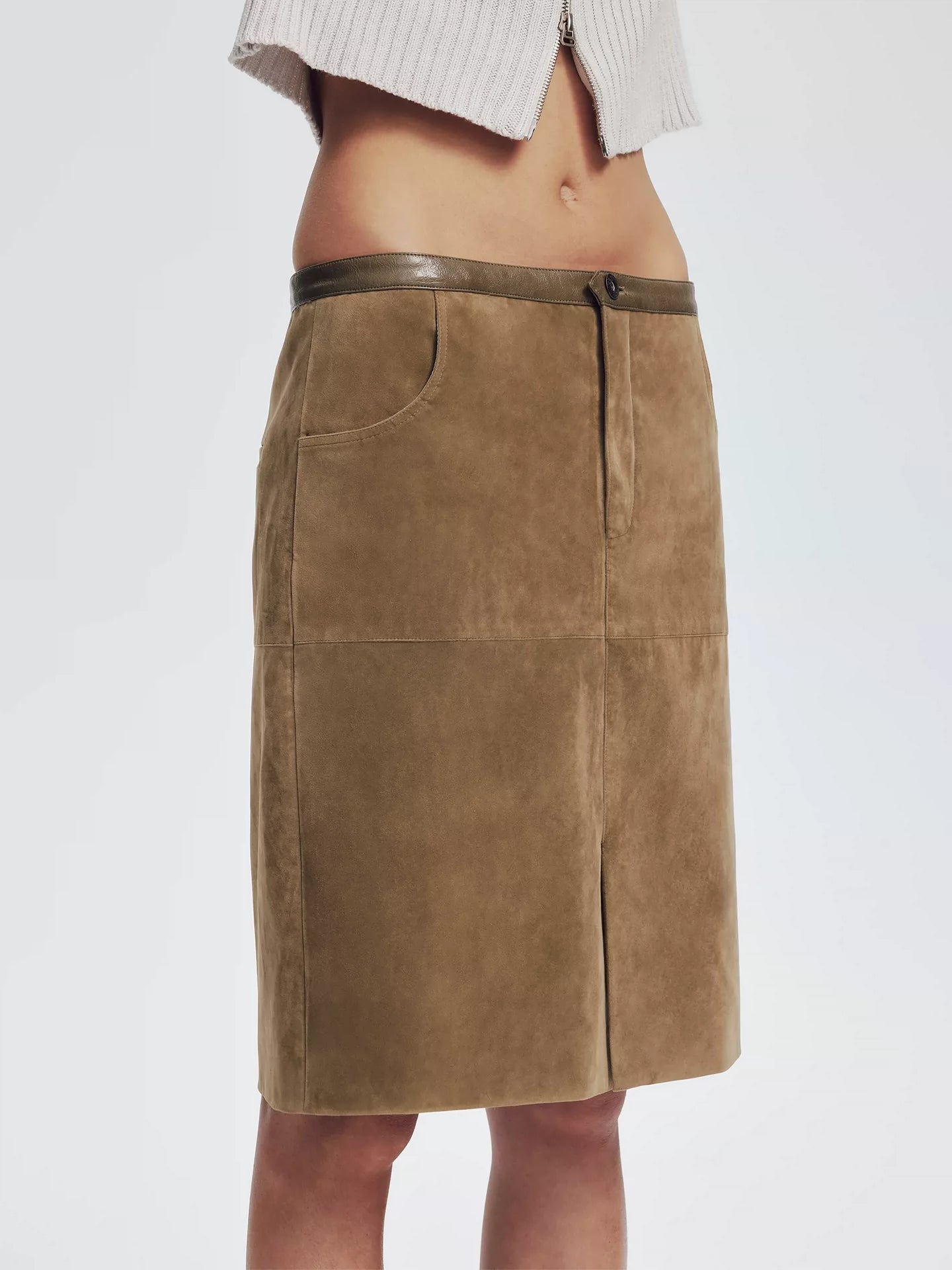 Khaki Suede Cargo Midi Skirt