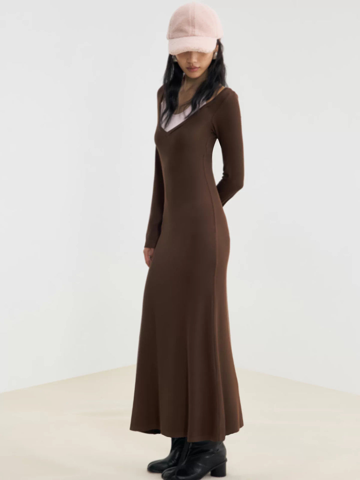 Contrast Mock-Layered Maxi Dress