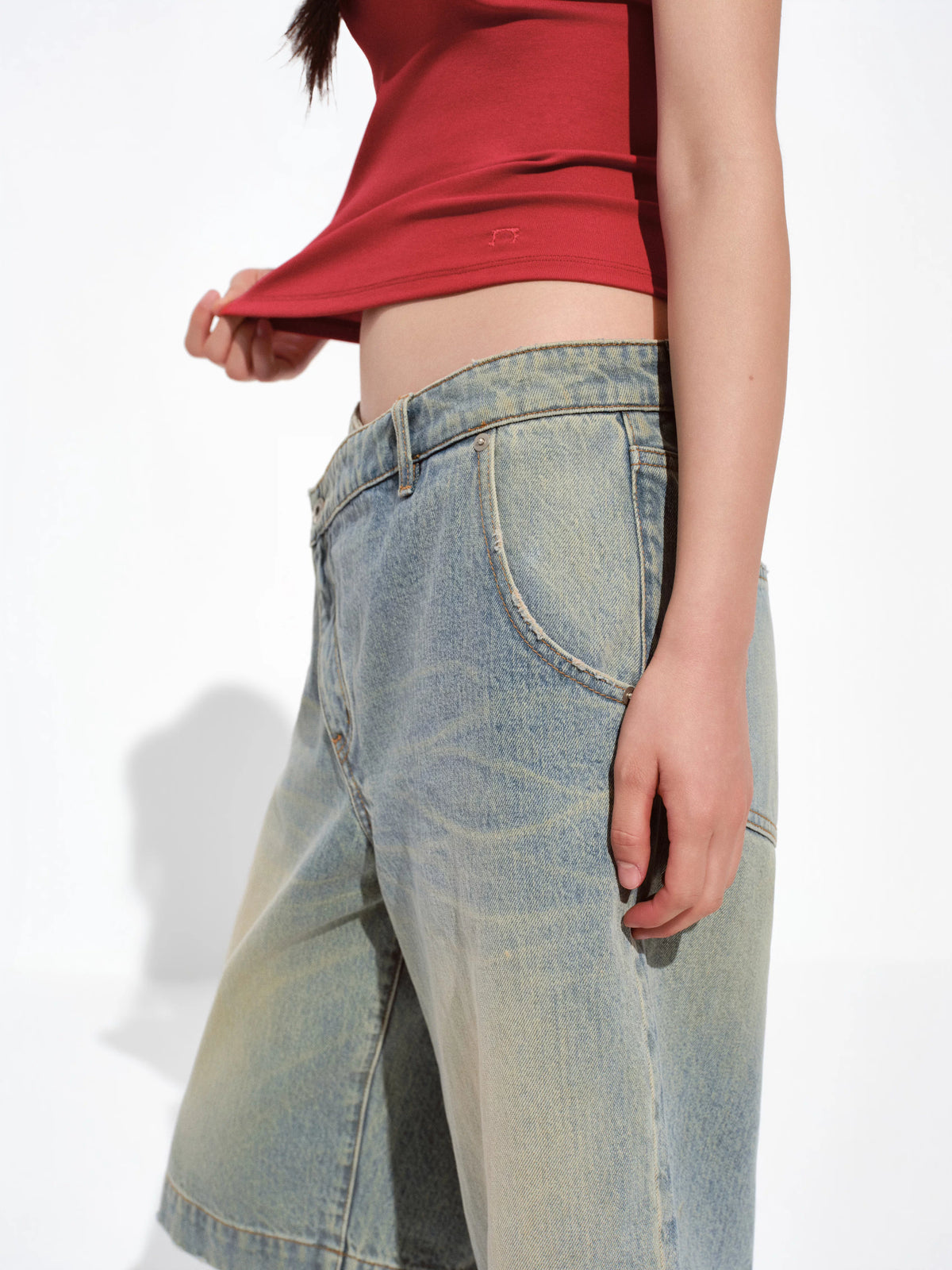 Asymmetric Waistband Mud-Wash Denim Jorts