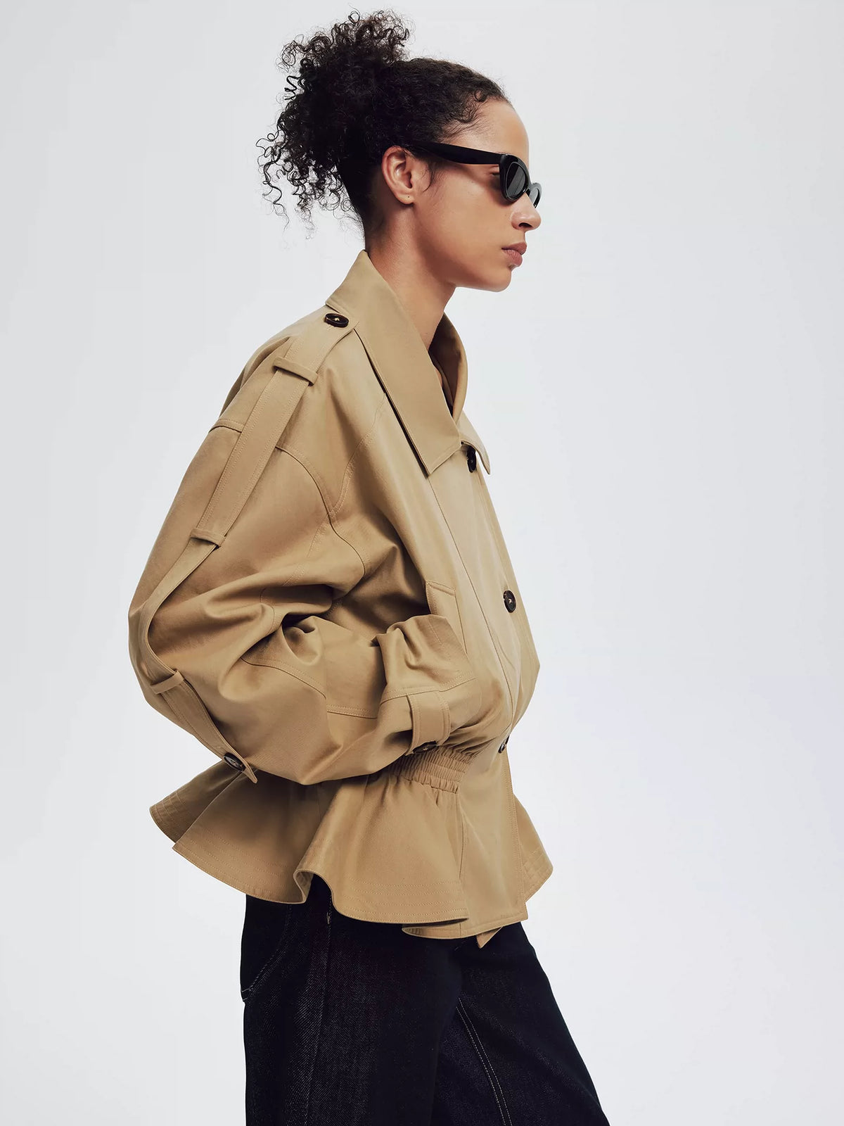 Khaki Ruffled Cropped Trench Coat