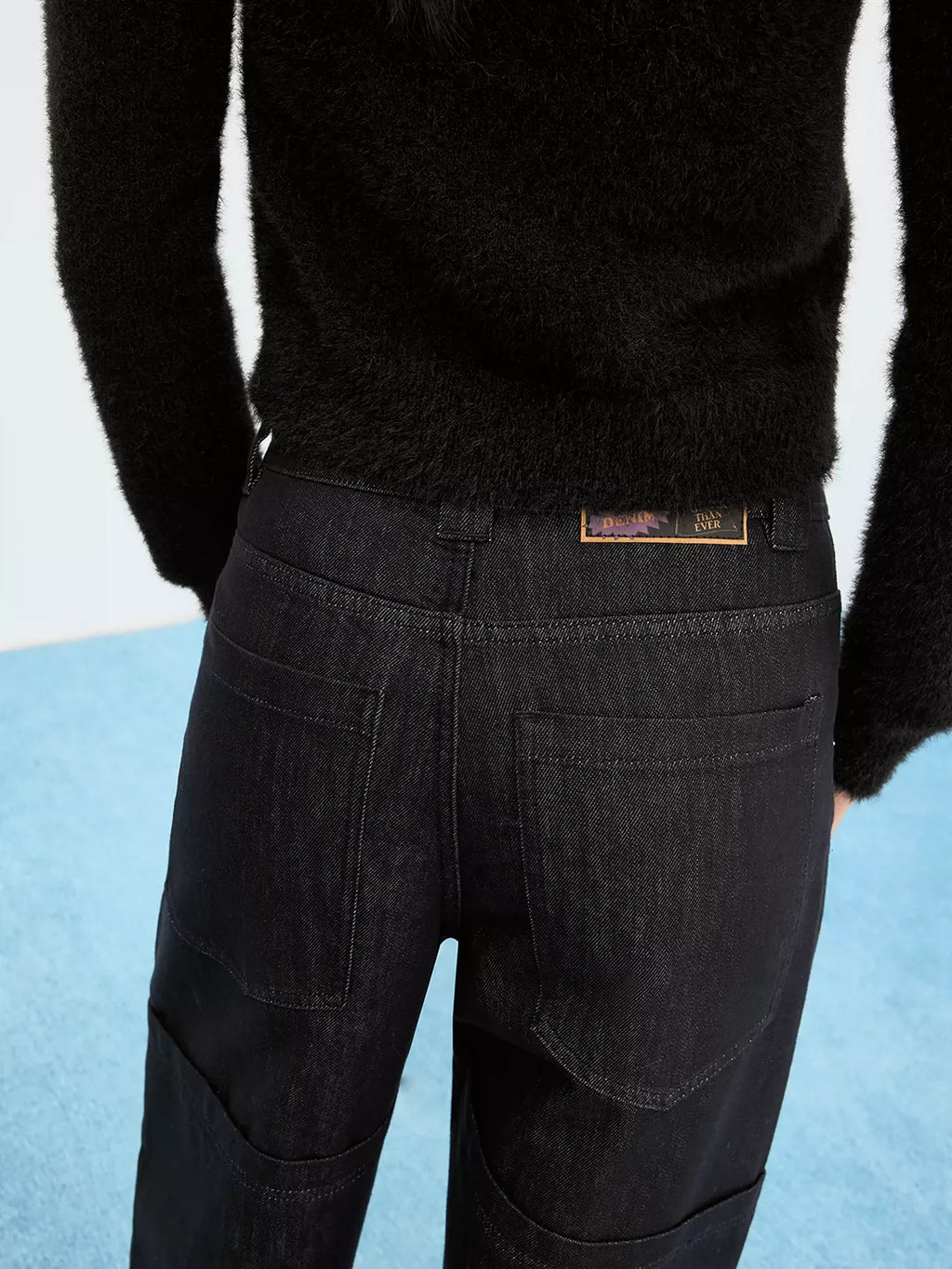 Paneled Blue-Black Raw Denim Relaxed Jeans