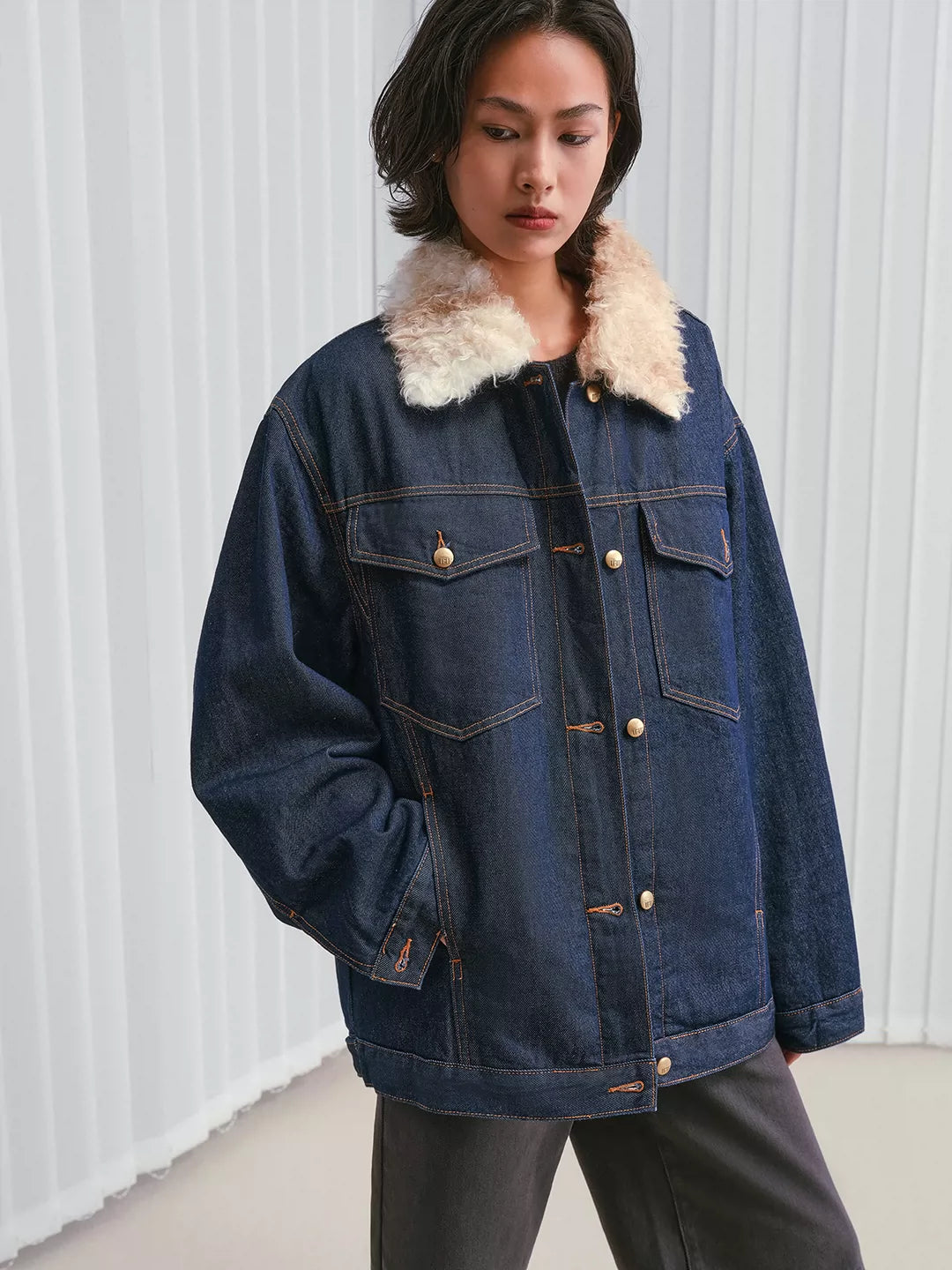 Shearling-Collar Padded Denim Jacket