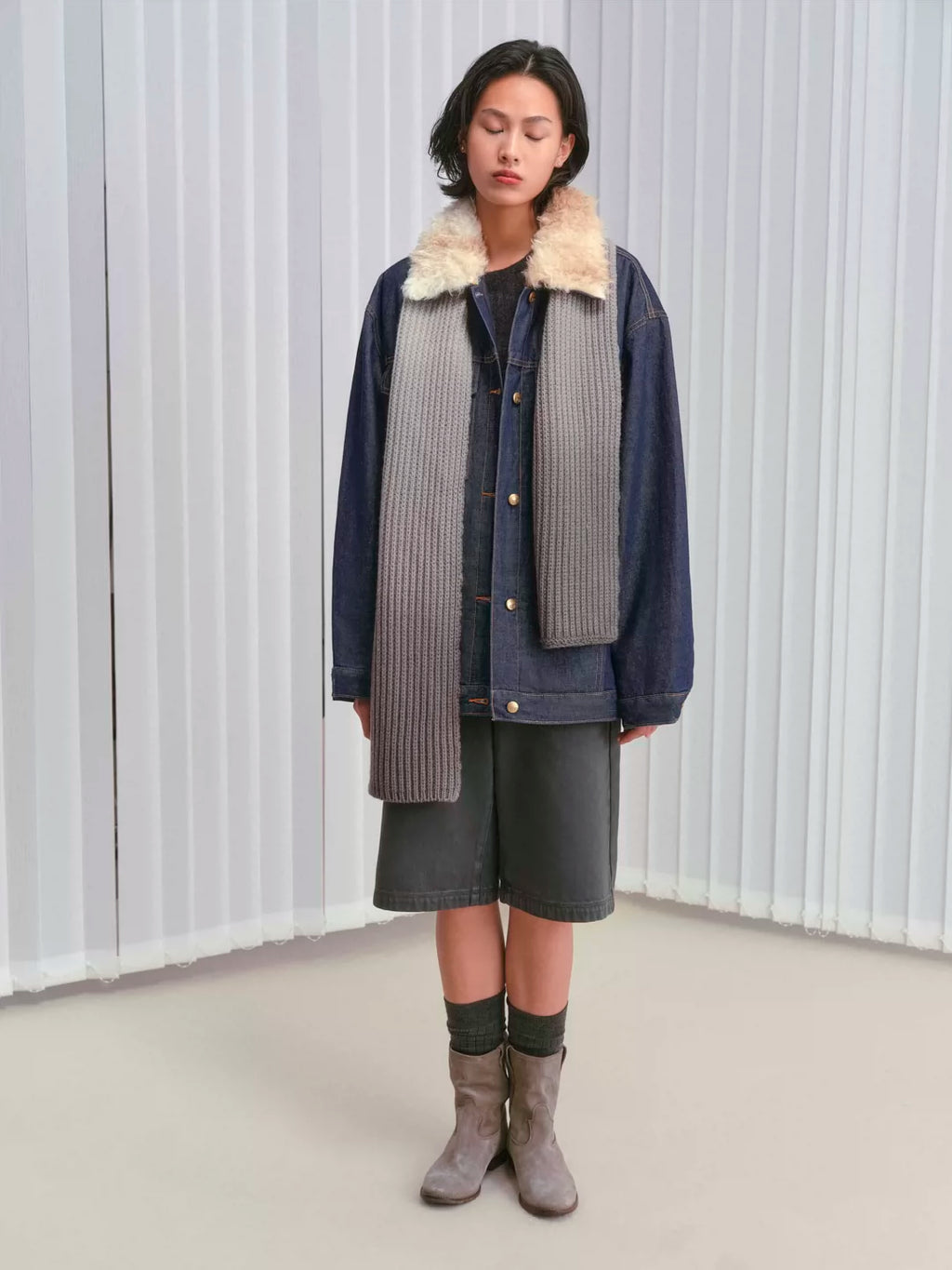 Shearling-Collar Padded Denim Jacket