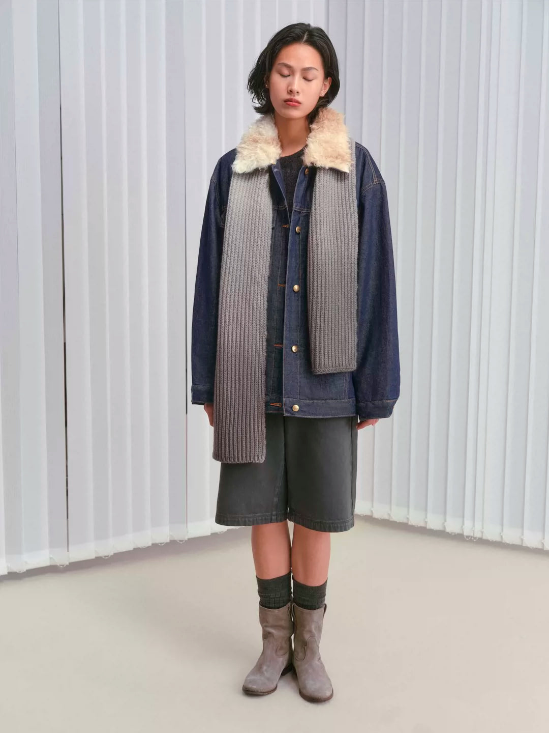Shearling-Collar Padded Denim Jacket