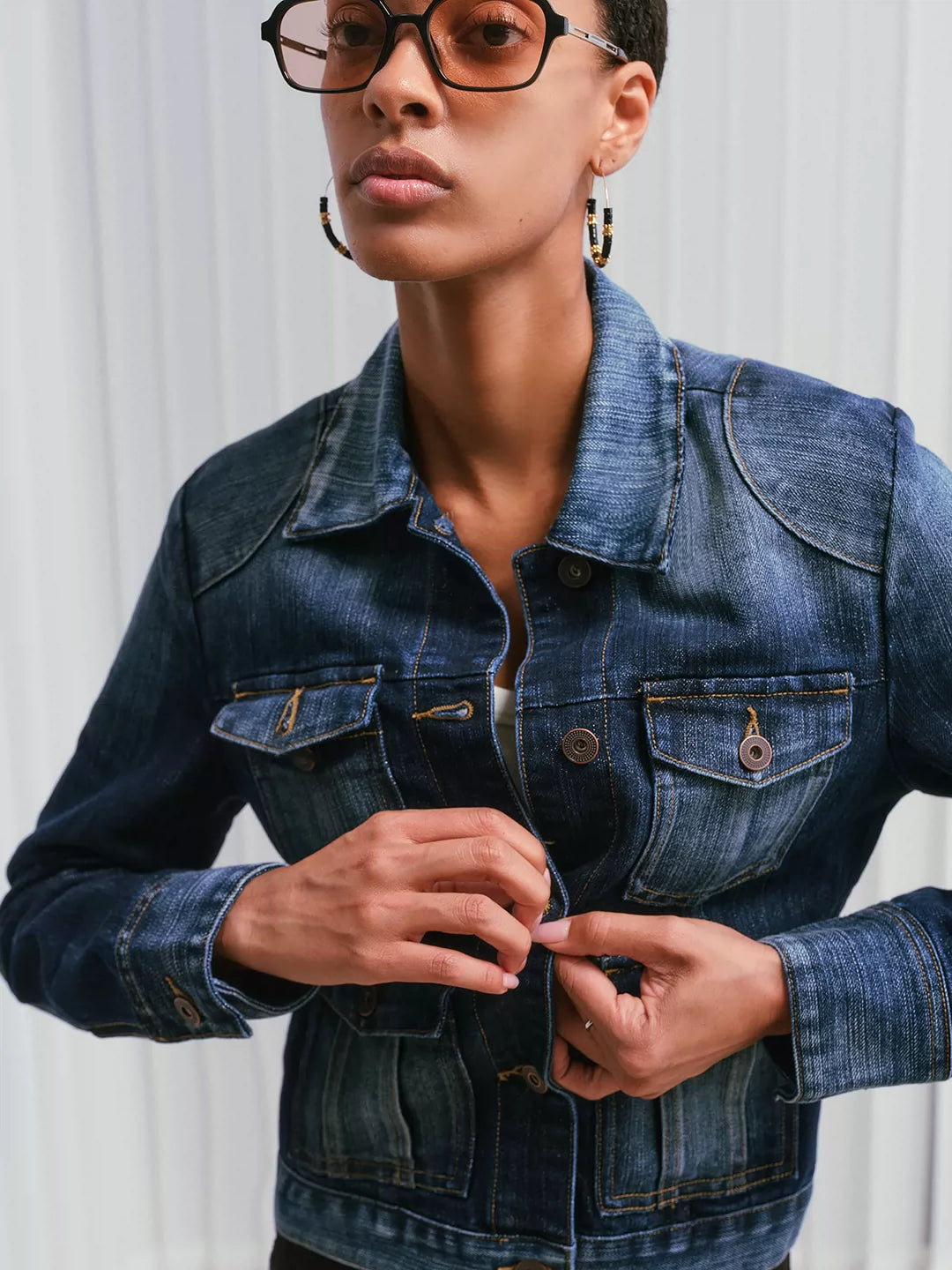 Tailored Metallic-Thread Slub Denim Jacket