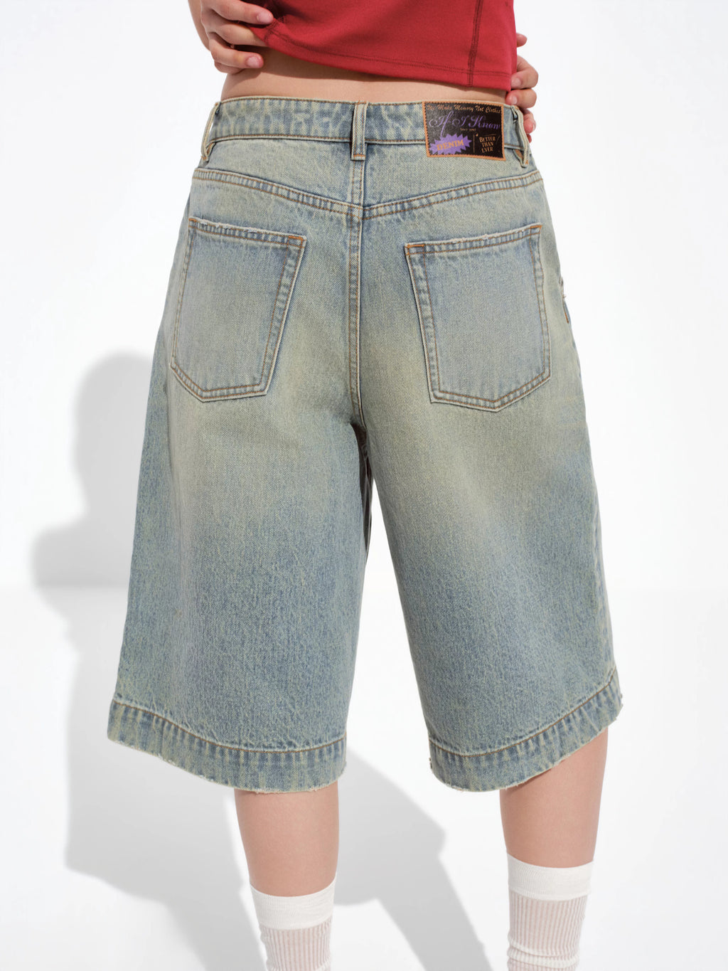 Asymmetric Waistband Mud-Wash Denim Jorts