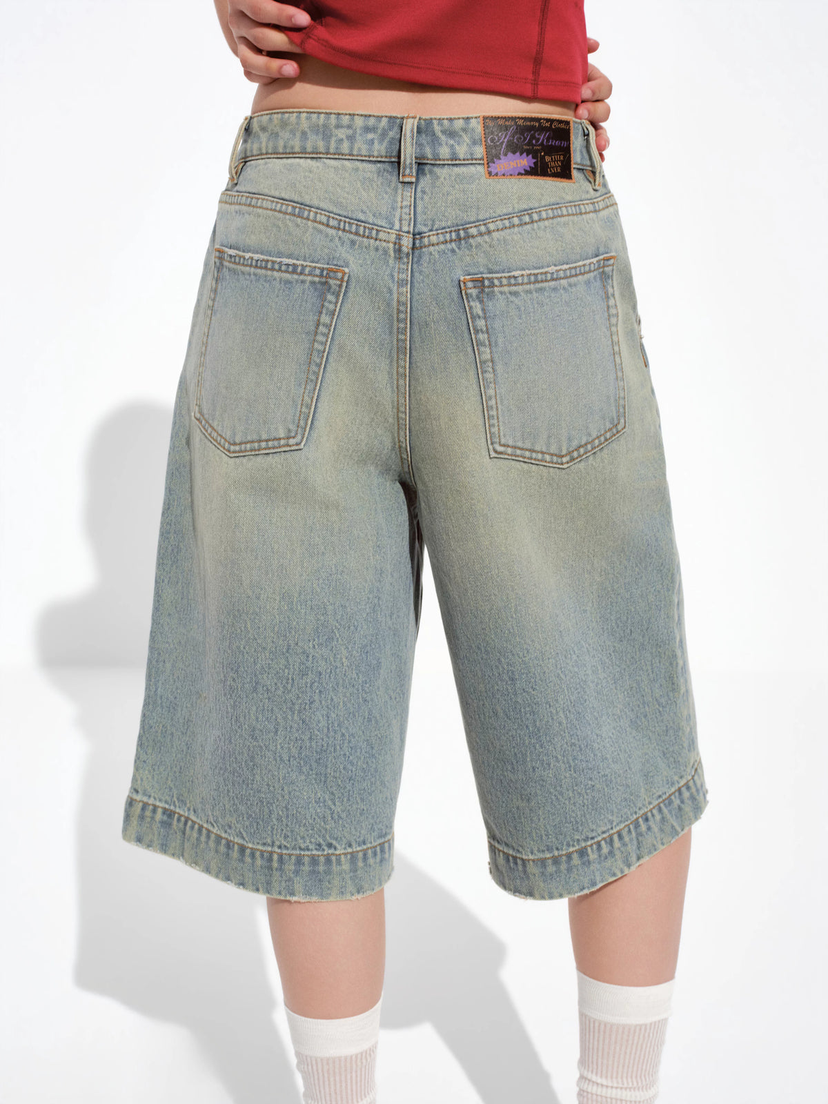 Asymmetric Waistband Mud-Wash Denim Jorts