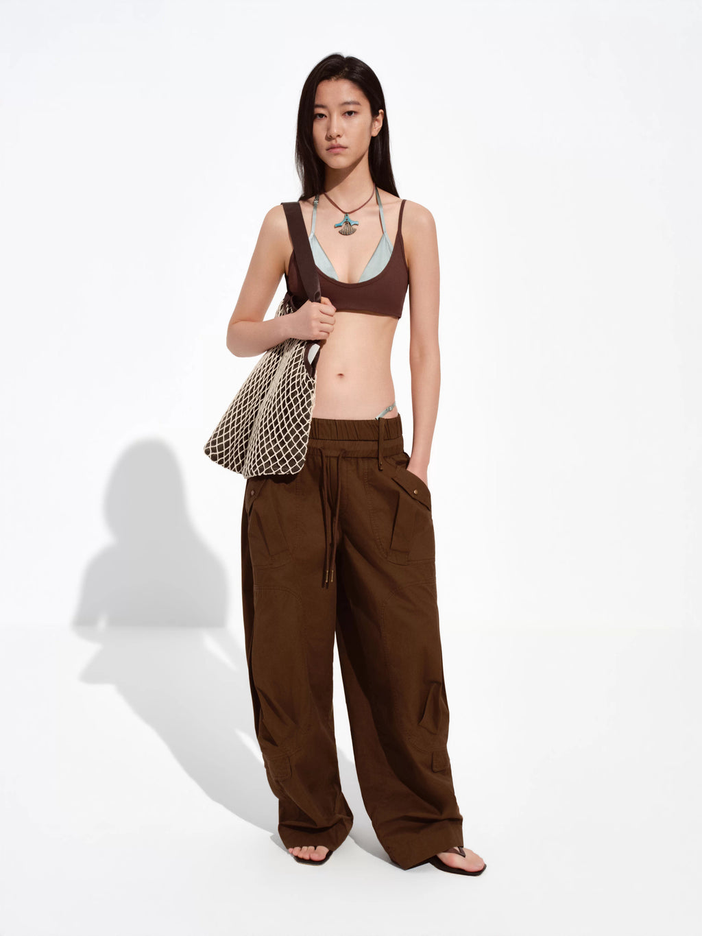 Brown & Green Colorblock Stretch-Satin Halter Set